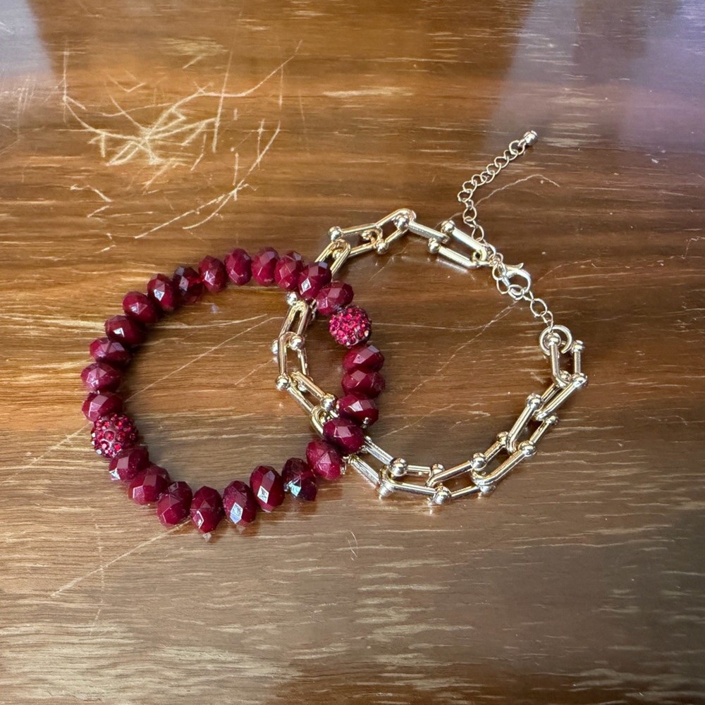 Maurices Burgundy Beaded & Gold Link Bracelet Set
